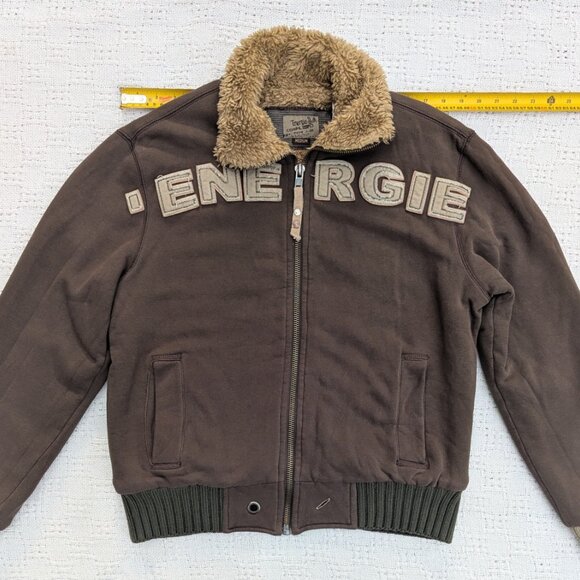 Vintage ENERGIE Faux Fur Zip Twin Pocket Spell Large Men's Jacket RARE Size M - Picture 3 of 6